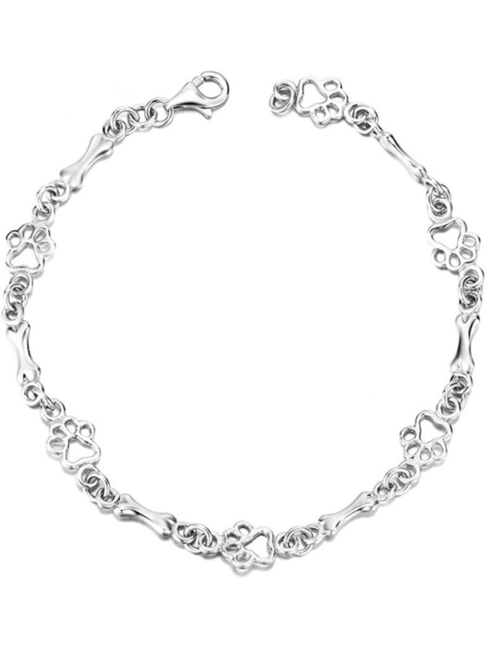 925 Sterling Silver Dog Bone & Paw Print Charm Bracelet for Dog Lovers - Cute